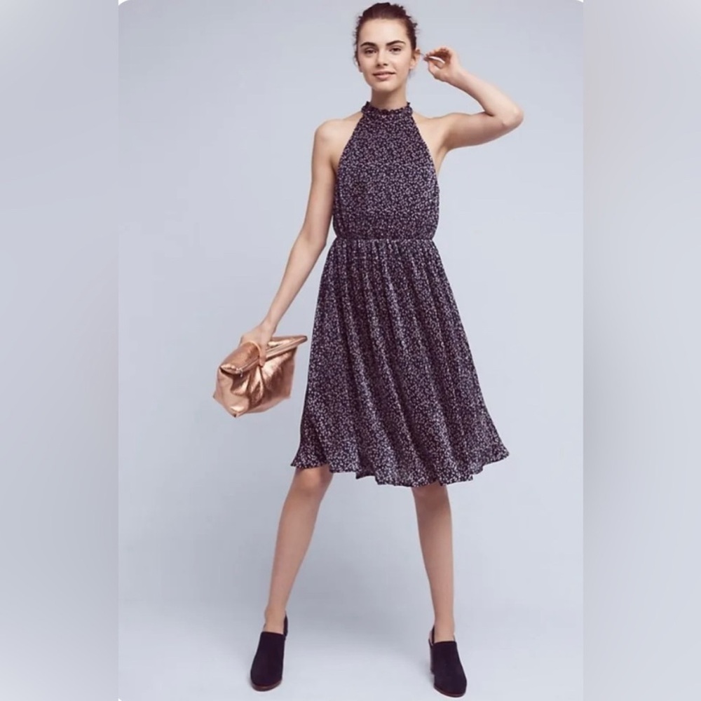 HD in Paris for Anthropologie Pleated Halter Dress Navy Blue Champagne Small
